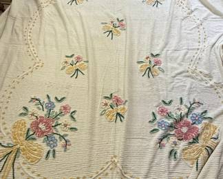 Vintage Chenille Bedspread with Floral Bouquets and Bows