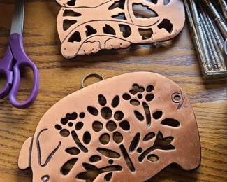 Vintage Copper Cat and Pig Trivets