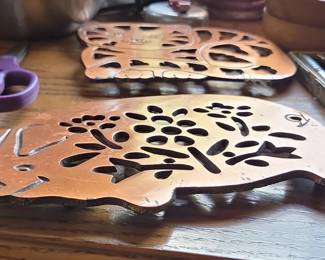 Vintage Copper Cat and Pig Trivets