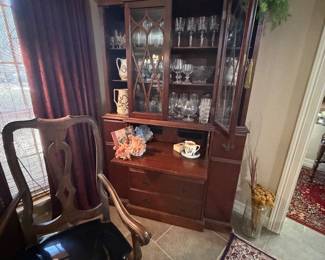 Duncan Five style Secretary China, hutch, English Stone, pictures, glassware, queen, and chairs