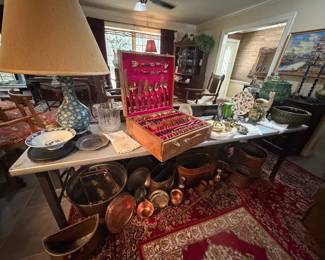 Antique, copper, Cook, pots, trays, chargers,