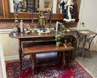 English Oak carved mirror and solid brass accessories