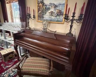 Upright piano, excellent condition, silver candelabra, antique wall, painting