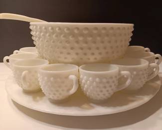 Rare Fenton Hobnail Milk Glass Punch Bowl Set