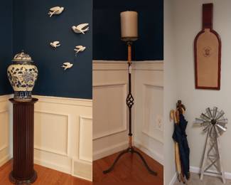 plant stand, candle stand, umbrellas, windmill wall hanging, doves