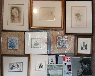 Rich Harsh, Gordon Graham, Bisilus Vesler, Dali “Devine Comedy”, Renoir “nue couchee”, Murada “Snowfall”, Bohrs lithographs, Saluatory #4 etching “racoons”, Owosso Furniture stock certificate, Kennedy, Reagan coin