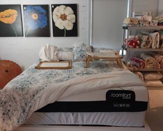 King IComfort Serta mattress, bedding, oriental parasol, wall art