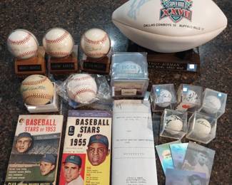 Mickey Mantle, Hank Aaron, Stan Musial, Magglio Ordonez, Brad VanPelt baseballs, Troy Aikman Super Bowl MVP football, Tiger Woods, Jack Nicklaus, Arnold Palmer, Fred Couples, Sam Snead, Curtis Strange golf balls, Babe Ruth 1919 contract, holographic cards