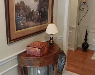 "horses" wall art, humidor, Baker half round hall table, brass table lamp