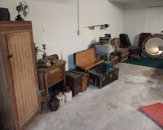 antique wardrobe, steamer trunks and luggage, Sewing machine cabinet, desk fan, sliver candelabra, Maytag wringer washer, jugs