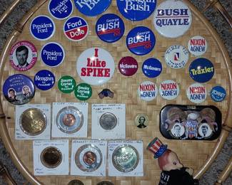 political pins, Nixon, Agnew, Carter, John Tylor, Reagan, Bush, Ford, Dukakis