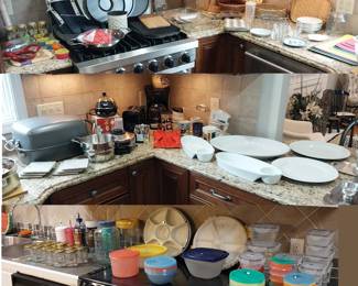 Tupperware, white platters, cookware