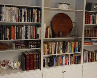 ceramic pig, chicken, books