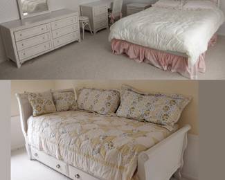 white day bed with trundle, White wicker bed, dresser, desk, stool, chair