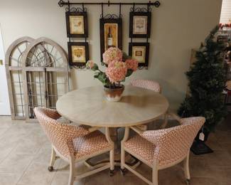 Henredon table and 4 rolling chairs, wall art