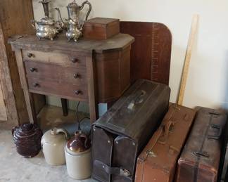 luggage, Sewing machine cabinet, sliver candelabra, jugs