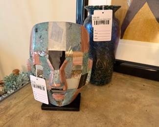 Mayan Style Death Mask, Iridescent Art Glass Vase
