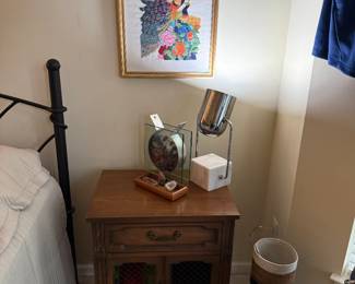 Wooden Nightstand, Table Lamp, Framed Art