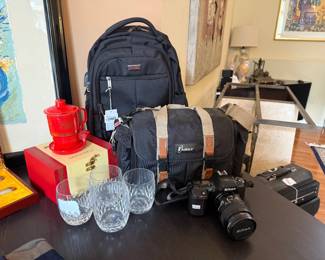 Drink Set, Camera, Camera Case, Tumi Black Backpack