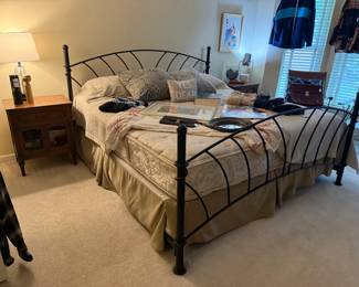 Wooden Nightstands, Lamps, Bedframe, Bedding 