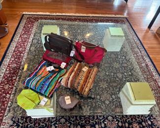 Glass Top Coffee Table, Area Rug, Sweaters