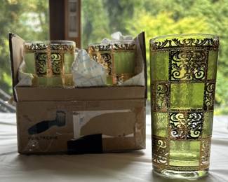 Culver Prado Green 22kt Highball Glasses 5.7" T, have 4