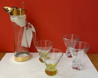 Vintage Gold Rim Martini Pitcher with Stir stick, Sample of Vintage very heavy weight Marini Glasses