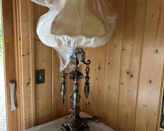 Vintage Ornate Brass Table lamp Hollywood Regency Style with large Drop Crystals very heavy