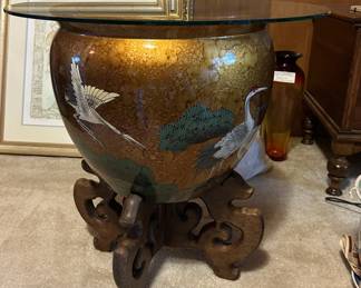 Oriental Fishbowl 16.625" across top. Includes stand and glass top