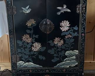 Oriental Hand Painted Black Lacquer Cabinet 30"T, 23.125" W, 11"D