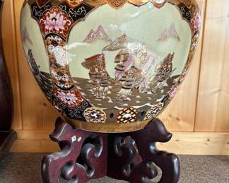 Oriental Fishbowl 16.625" across top. Includes stand and glass top