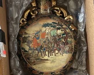 Vintage Chinese Royal Satsuma Moon Flask with Wood Stand 16" Tall