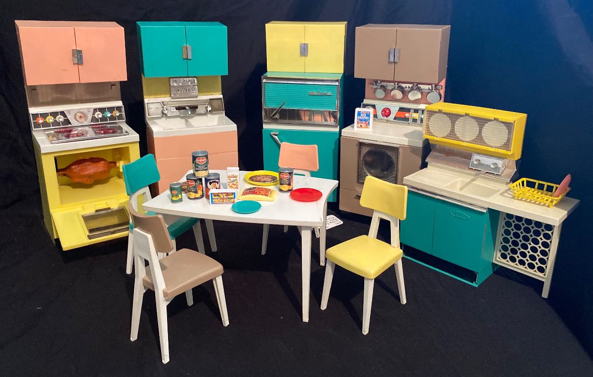 vintage 1960s Deluxe Reading Barbie Dream Kitchen set, featuring mid-century modern doll appliances in colorful pastel finishes