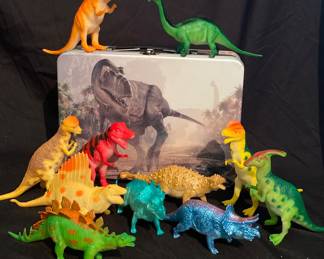 Plastic dinosaurs & tin