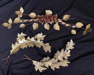 metallic, gold-plated decorative wall plaques shaped, rose branches and oak leaves.