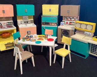 vintage 1960s Deluxe Reading Barbie Dream Kitchen set, featuring mid-century modern doll appliances in colorful pastel finishes