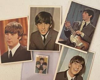 vintage 1964 Topps Beatles color trading cards, featuring individual portraits of the band members and Beatle stamp