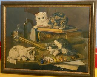 artwork is a reproduction of "Kittens Playing on Desk" by Alfred Brunel de Neuville