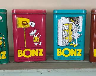 vintage Bonz dog treat tins produced by Purina in the 1980s