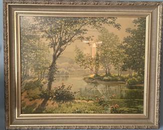 appears to be a vintage landscape print, possibly by French artist René Charles Edmond His, depicting a serene pond scene