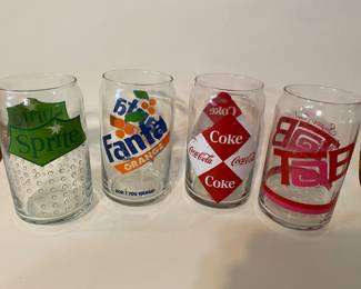 vintage 16oz can-shaped soda glasses manufactured by Luminarc, featuring retro logos for Sprite, Fanta, Coca-Cola, and Tab