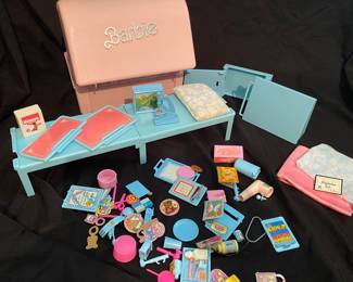 vintage 1987 Mattel Barbie Doctor Loving Care playcase features a portable pink and blue carrying case that unfolds into a hospital room