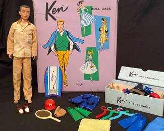 vintage 1961 Mattel Ken Doll Case set includes a Ken doll, various outfits, and accessories