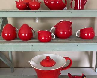 collection features vintage 1930s-40s Hall Superior Quality Kitchenware in a vibrant Chinese Red glaze