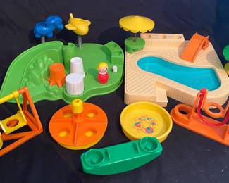 collection of vintage Fisher-Price Little People playset pieces from the 1980s