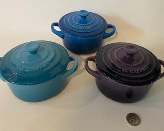 Le Creuset Stoneware 8 oz. Mini Round Cocottes in shades of blue and purple
