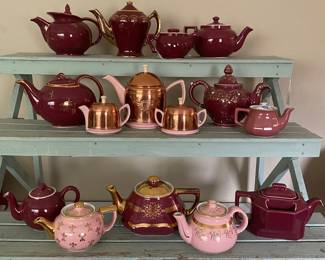 collection features various vintage teapots manufactured by the Hall China Company, likely dating from the 1930s and 1940s in mauve & pink