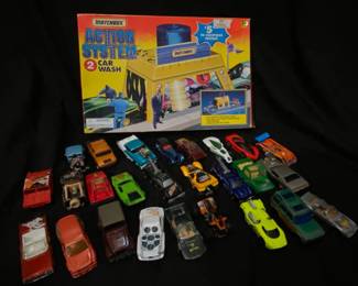 vintage Matchbox Action System 2 Car Wash set from 1995, featuring a yellow car wash structure with a blue top
