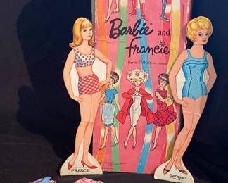 vintage 1969 Whitman Barbie & Francie "Magic Stay-on Dolls" set, which includes dolls featuring shiny surfaces for clothes to stick without traditional tabs