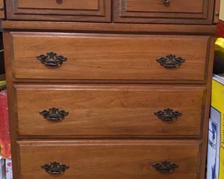vintage Sprague & Carleton-style Hi Boy Chest featuring five drawers and brass-colored hardware